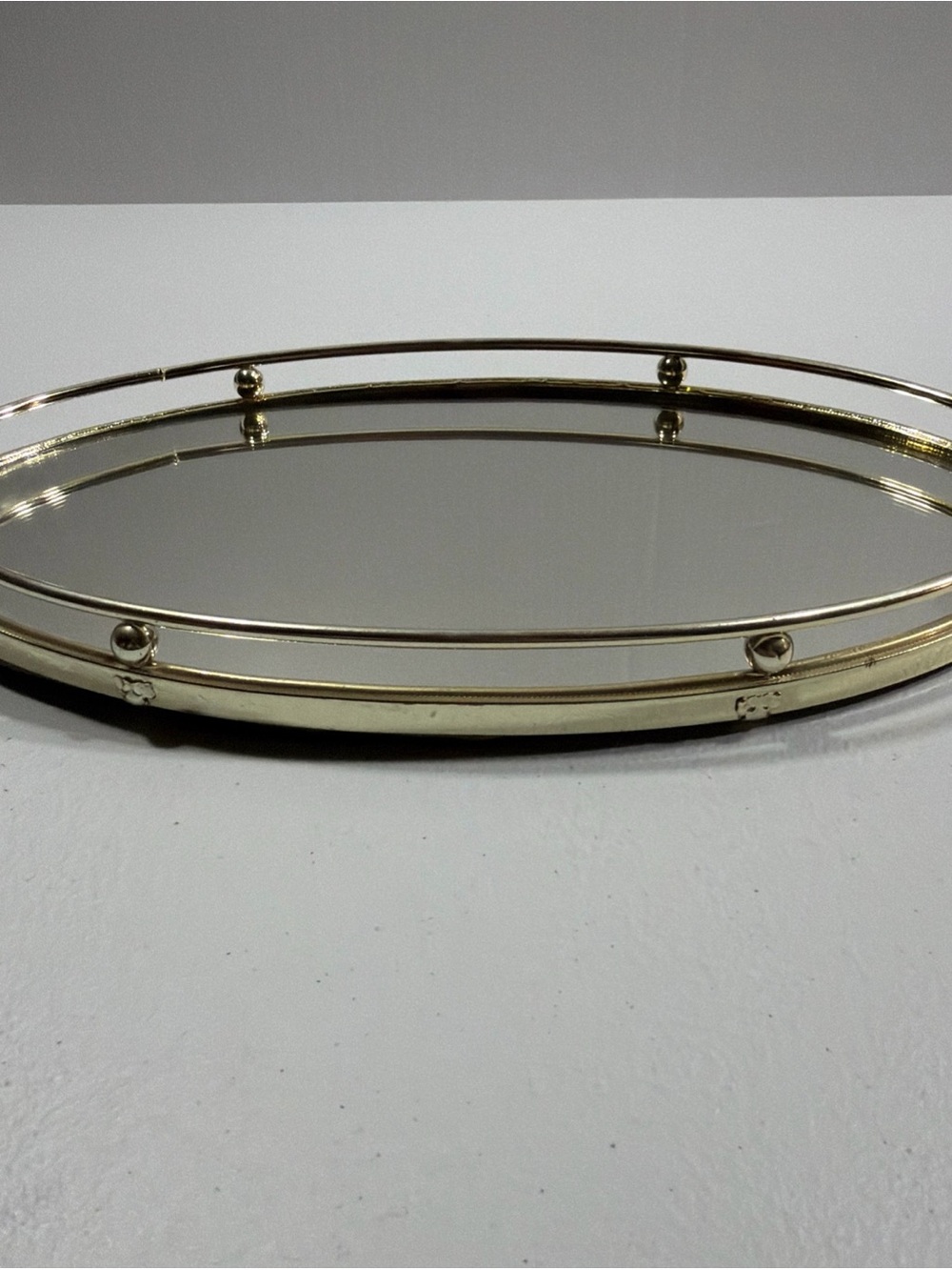 Vintage Oval Mirrored Vanity Tray Gold Tone Brass Rail MCM Hollywood Regency - Picture 2 of 9